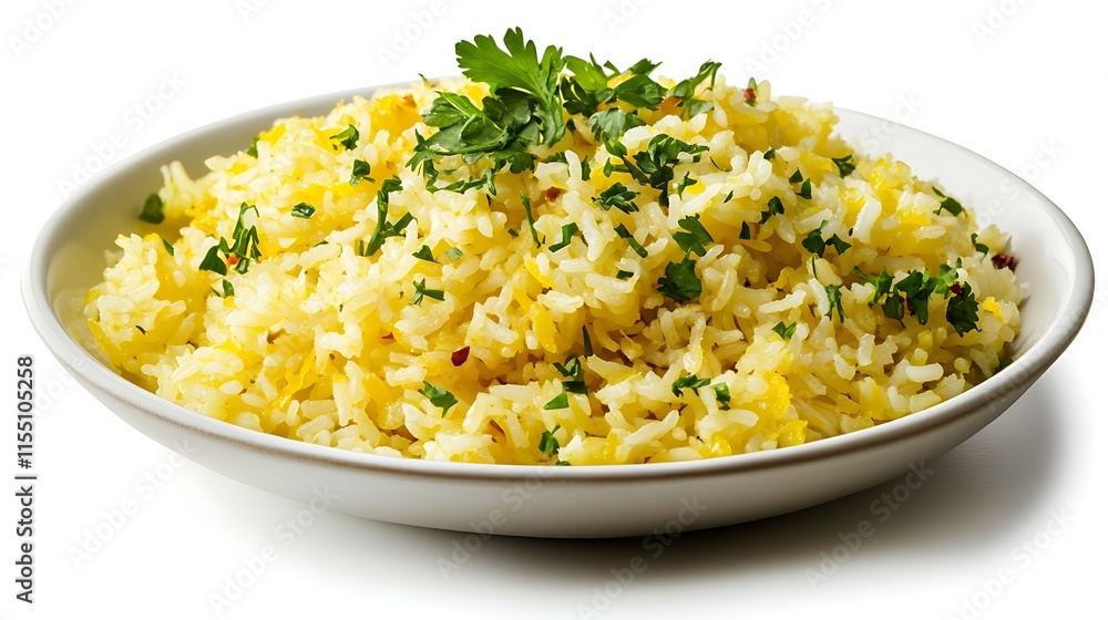 Plate of delicious lemon rice with white background Plate of delicious lemon rice with white background