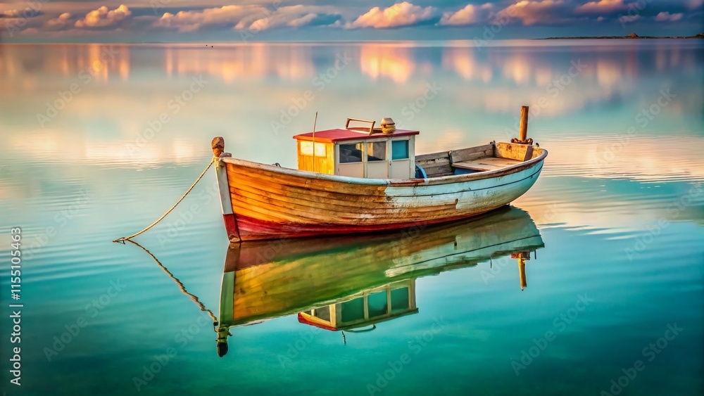 Fototapeta premium Vintage fishing boat, serene coastal scene. Minimalist, retro charm.