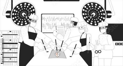 Multicultural doctors performing surgery black and white line illustration. Scrubs surgeons operating together with scalpels 2D characters monochrome. Surgical procedure outline vector image