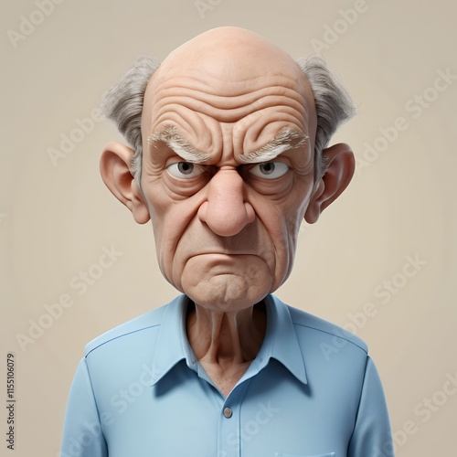 Grumpy 3D Cartoon Elderly Man Character with Expressive Face and Folded Expression photo