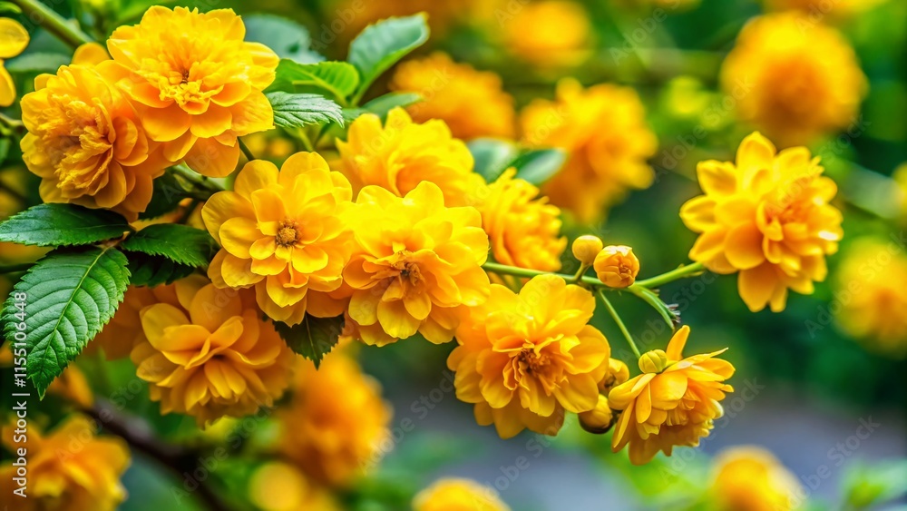 Yellow blossoms, green leaves, branch close-up, Rule of Thirds composition. Yellow blossoms, green leaves, branch close-up, Rule of Thirds composition.