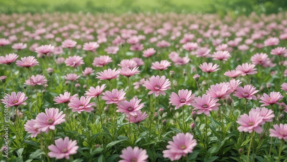 Fototapeta premium Pastel pink flowers in a field of green against a soft focus background , blossoming, field of green