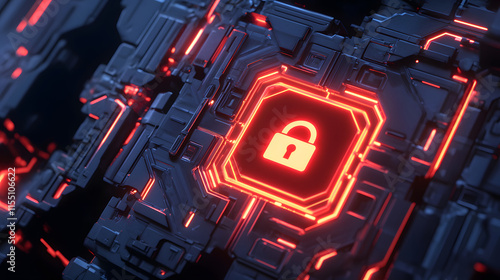 Futuristic digital shield with vivid lock icon, symbolizing security