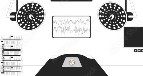 Empty operating theater black and white line illustration. Surgery room. Operation table with incision 2D interior monochrome. Surgical lamps, medical equipment, monitor eeg brainwave outline vector