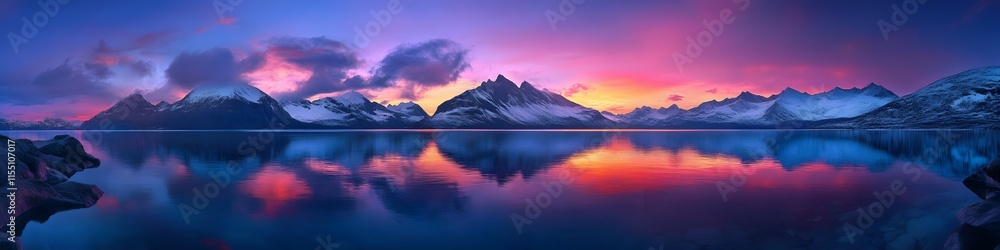 Panoramic view of Mitre Peak glowing under the vibrant hues of twilight. with the fjord reflecting the skys colors. in 4K resolution Panoramic view of Mitre Peak glowing under the vibrant hues of twilight. with the fjord reflecting the skys colors. in 4K resolution