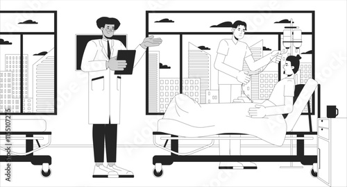 Doctor and nurse checking on patient on hospital bed black and white line illustration. Murse in scrubs adjusting IV drip 2D characters monochrome. Ward round medical facility outline vector image