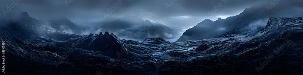 Fototapeta premium Panoramic view of the icy fjord below Trolltunga. with jagged cliffs glowing under the soft light of dawn. in 4K resolution