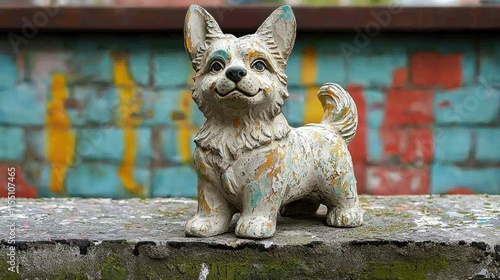 A weathered ceramic figurine of a dog stands against a colorful, textured wall.