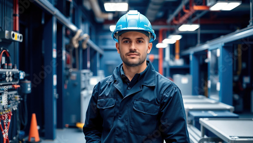 Electric Engineer Portrait Wearing Safety Helmet and Blue Safety Clothes