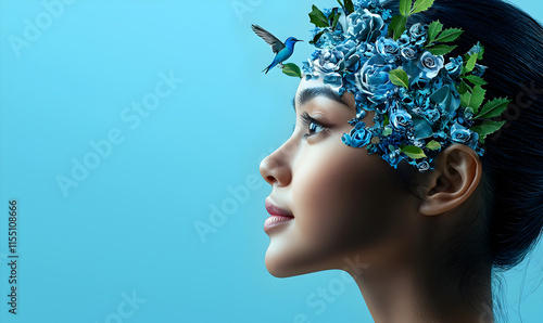 Wallpaper Mural Woman with Floral Headpiece and Bird Against Blue Background Torontodigital.ca