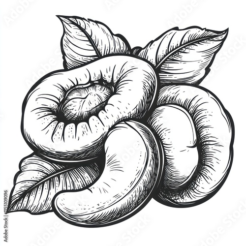 Hand drawn illustration of cashew nuts with leaves. photo