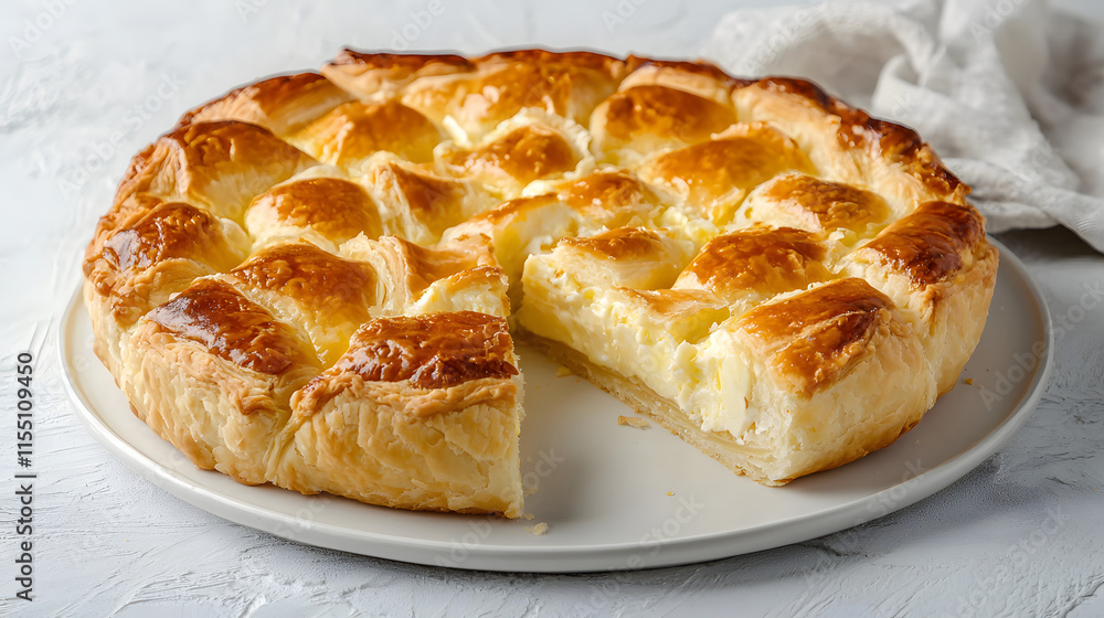 Traditional Bulgarian Pastry Filled with Eggs on a Plate Traditional Bulgarian Pastry Filled with Eggs on a Plate