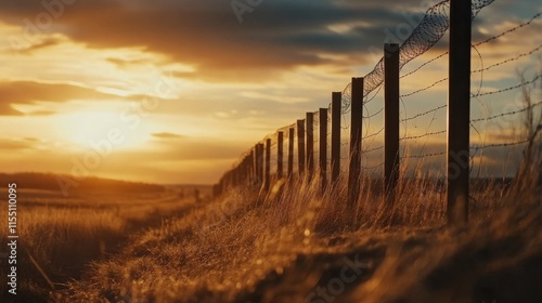 Sunset Silhouette of Prohibited Wire Barrier at State Border  A Stark Line Against Illegal Immigration