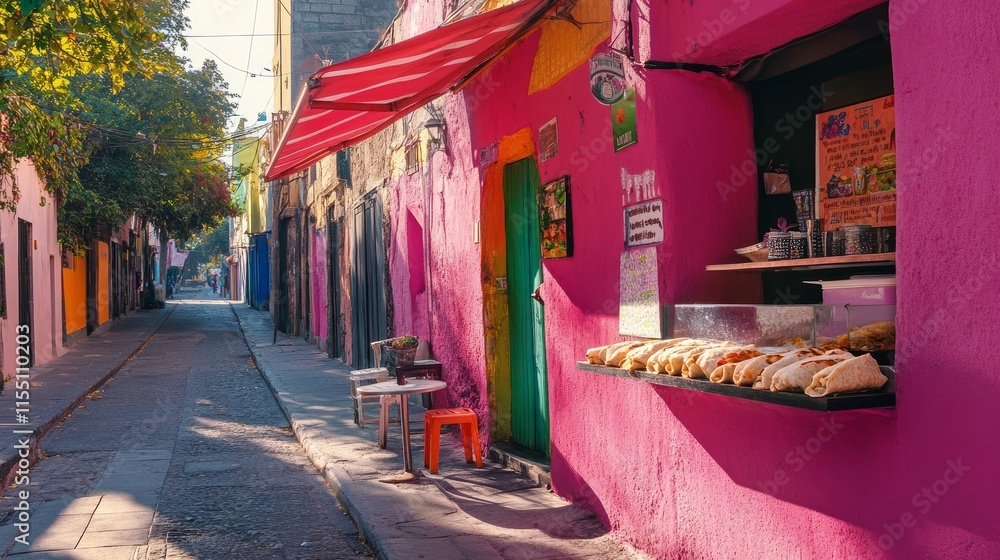 Obraz premium Healthy, pink Mexican burritos on a summer street in Mexico City