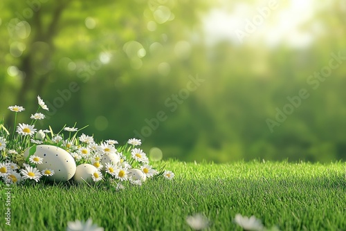 A serene and picturesque scene of an Easter celebration featuring vibrant, blooming daisies alongside colorful decorative eggs nestled within the lush green grass, bathed in gentle sunlight photo