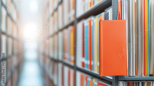 Non disclosure agreement concept. A vibrant orange book stands out on a shelf among neatly arranged files in a library. photo