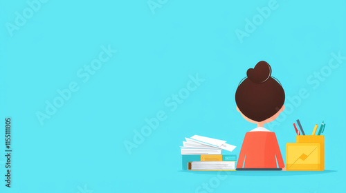 Non disclosure agreement concept. A person sitting at a desk with stationery and documents against a blue background. photo