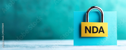 Non disclosure agreement concept. A padlock on a blue background signifies security and confidentiality regarding NDA agreements. photo