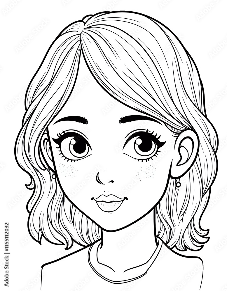 A girl with long blonde hair and a smile. She is wearing a necklace and earrings. The drawing is in black and white A girl with long blonde hair and a smile. She is wearing a necklace and earrings. The drawing is in black and white