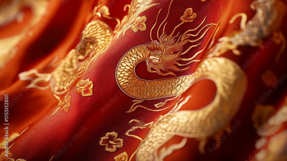 Fototapeta premium Embroidered gold dragon on red silk fabric.