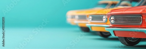 A vibrant display of colorful toy cars lined up against a turquoise background, showcasing their classic designs and charming details.