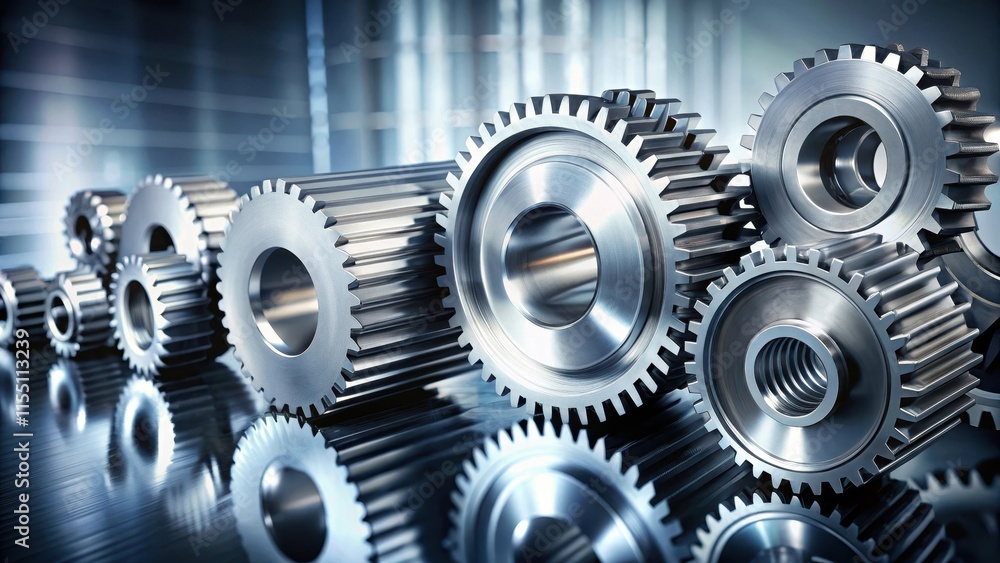 Industrial machinery and gears are reflected in a metallic silver background with a subtle gradient effect, industrial, gear Industrial machinery and gears are reflected in a metallic silver background with a subtle gradient effect, industrial, gear