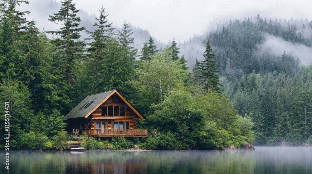 Fototapeta premium Secluded Log Cabin Lakeside Misty Forest Setting