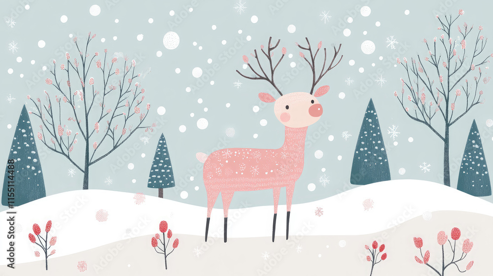 A deer is standing in a snowy field with trees in the background A deer is standing in a snowy field with trees in the background