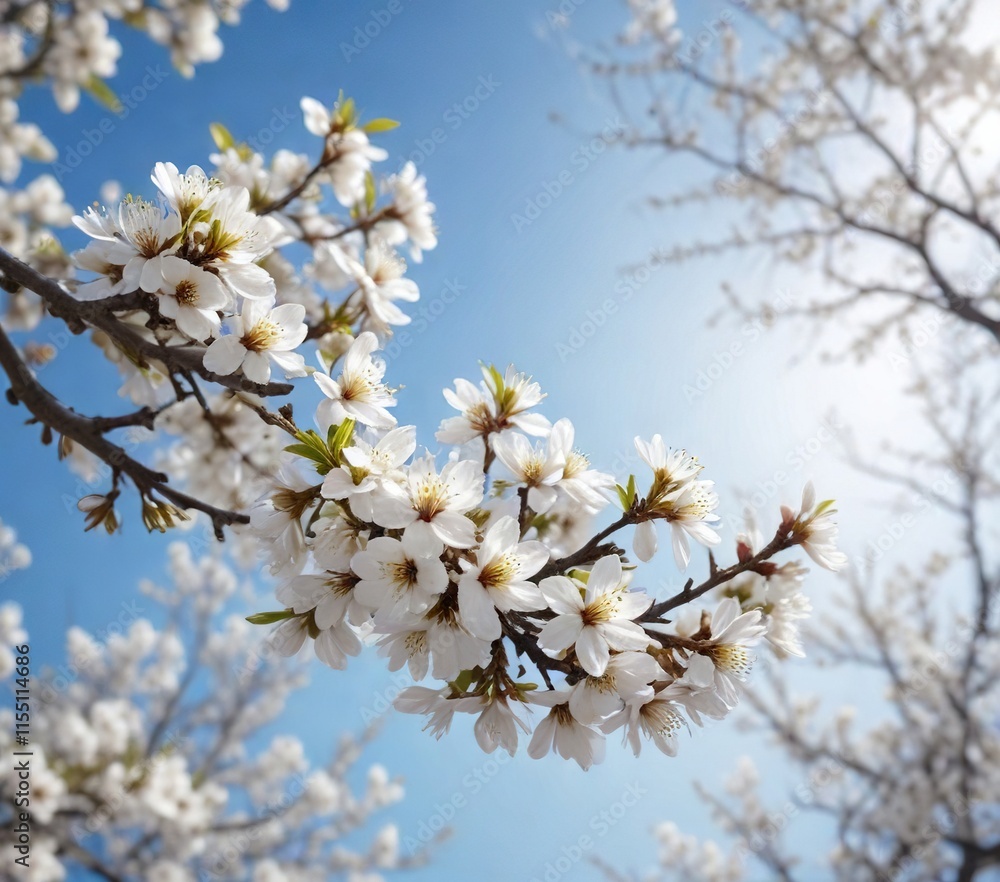 stunning almond tree branches with vibrant white flowers against a hazy blue sky out of focus in the background with empty space at center, landscape photography, serene scene stunning almond tree branches with vibrant white flowers against a hazy blue sky out of focus in the background with empty space at center, landscape photography, serene scene
