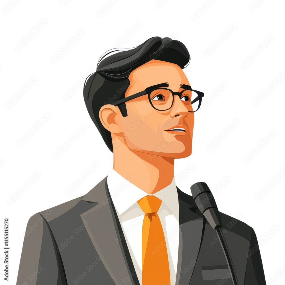 Speech Delivery Illustration, minimalistic design featuring an individual addressing an audience, set against a clean white backdrop Speech Delivery Illustration, minimalistic design featuring an individual addressing an audience, set against a clean white backdrop
