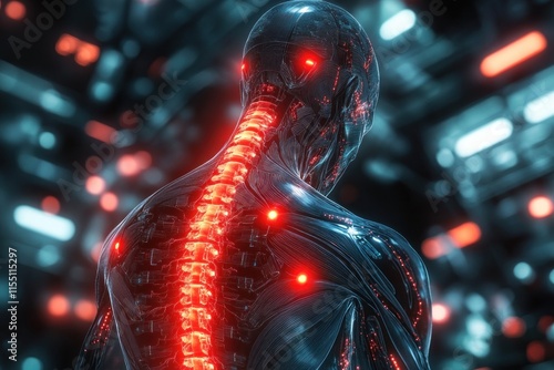 Digital human figure with glowing red spinal system and futuristic lights photo