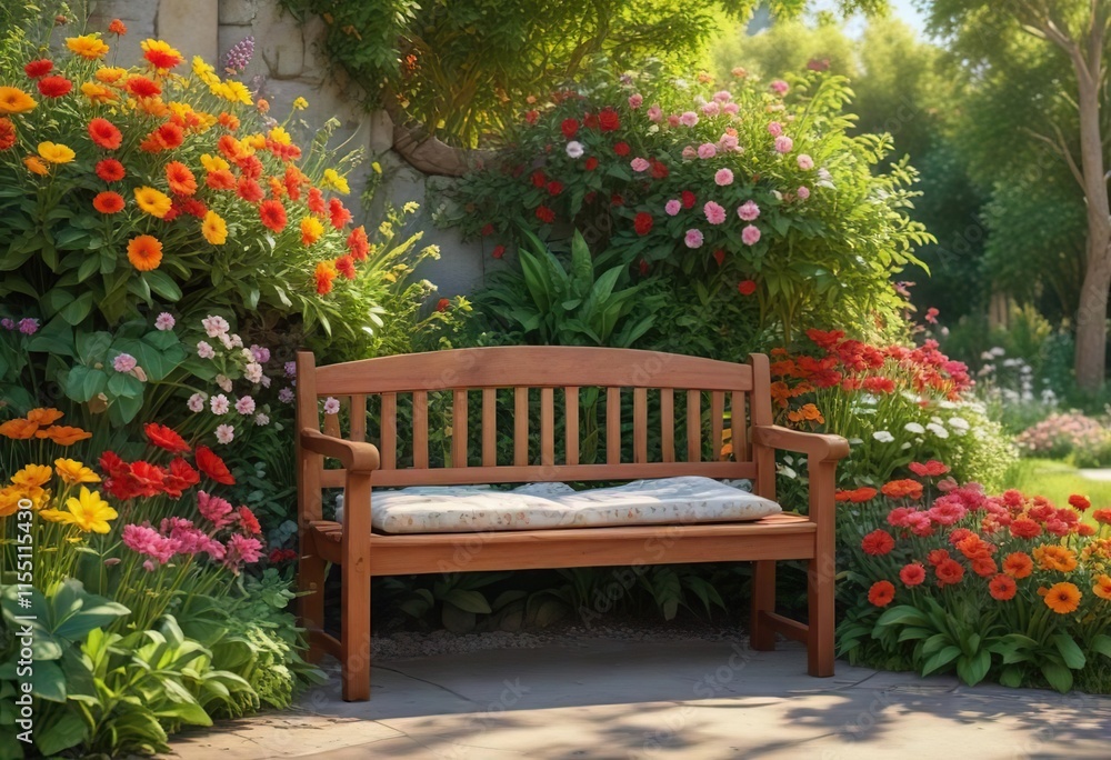 The beauty of nature is showcased in a serene garden corner featuring a wooden bench placed among a variety of colorful flowers and lush greenery in warm sunlight, lush greenery, floral arrangement The beauty of nature is showcased in a serene garden corner featuring a wooden bench placed among a variety of colorful flowers and lush greenery in warm sunlight, lush greenery, floral arrangement