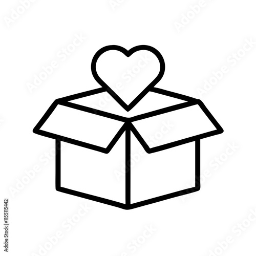Thin outline icon open box with heart symbol inside. such line sign as charity, caring, donation box