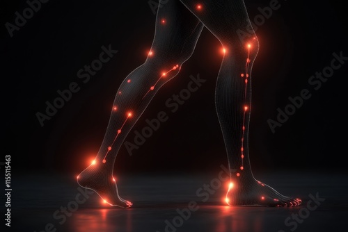 Digital human legs with highlighted neural pathways and glowing joints photo