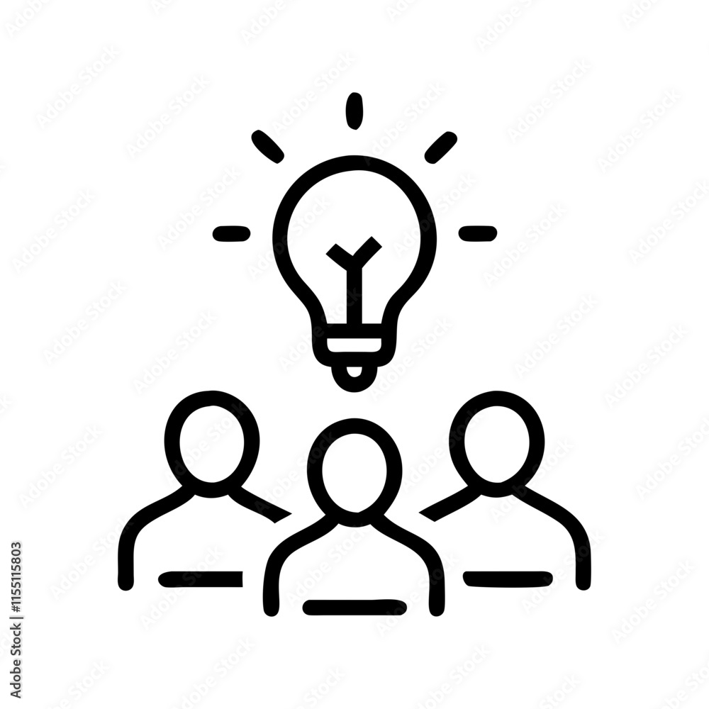 Collective insight, creative community, group knowledge outline icon. Line sign group of three people with light bulb above their heads. Collective insight, creative community, group knowledge outline icon. Line sign group of three people with light bulb above their heads.