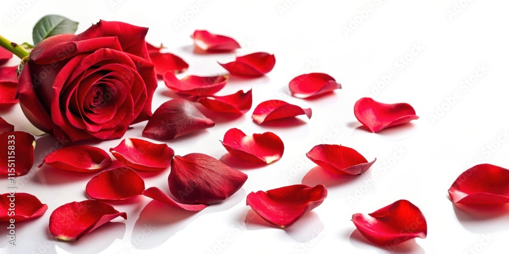 Fototapeta premium Softly scattered red rose petals on a white background with a few stems and leaves , beauty, nature, beauty