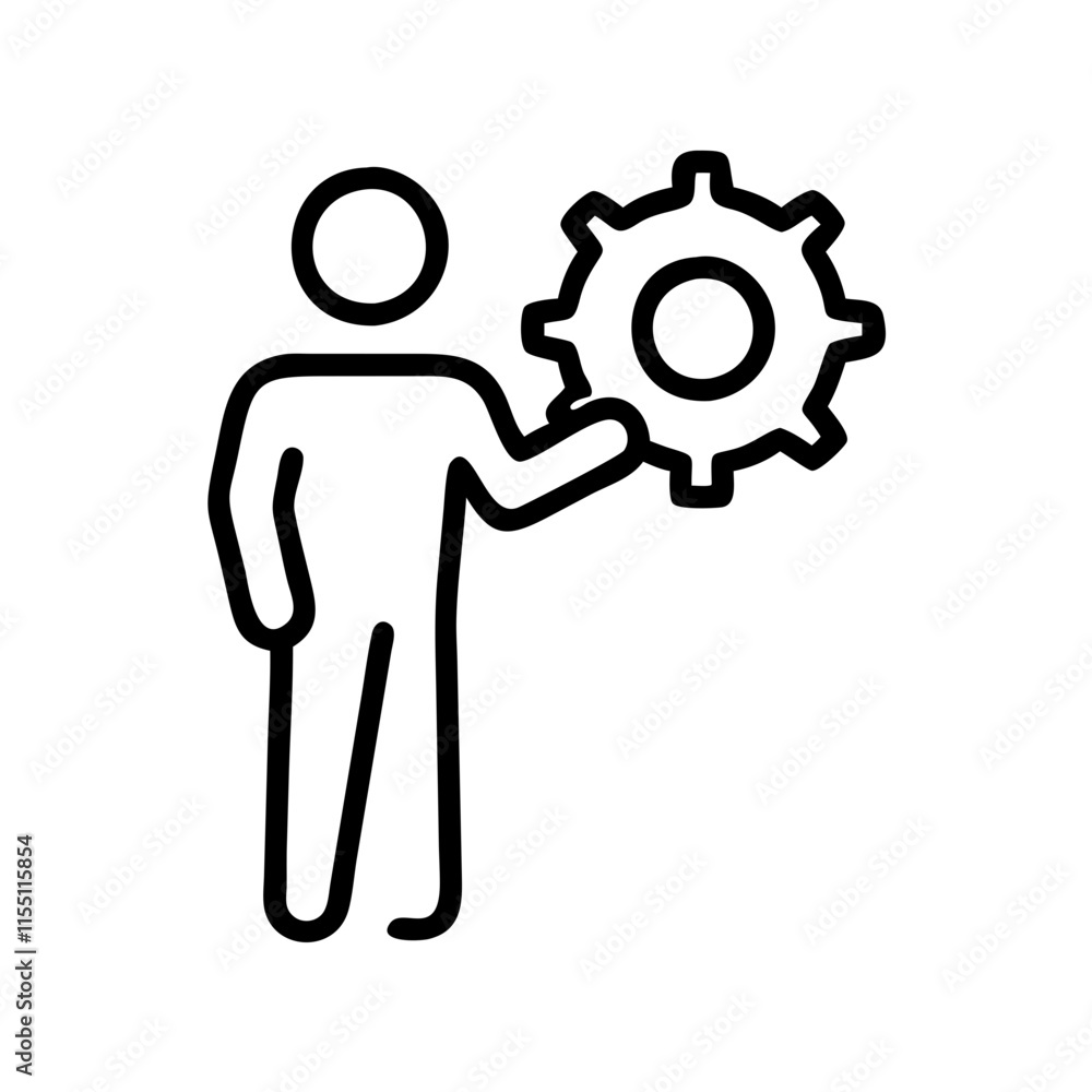 Business presentation, learning meeting, training lesson outline icon. Line sign man holding gear, cogwheel. Business presentation, learning meeting, training lesson outline icon. Line sign man holding gear, cogwheel.