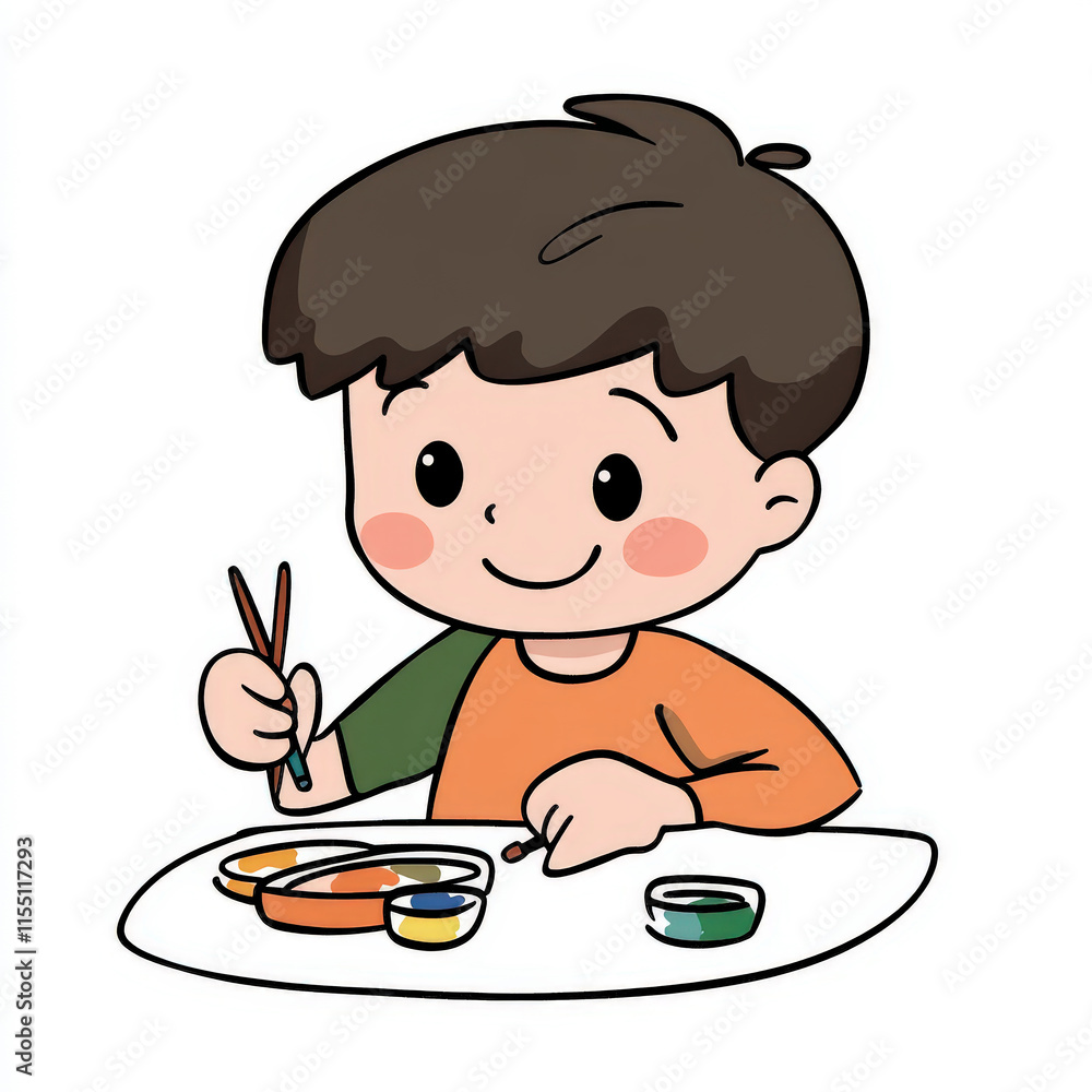 Cheerful child enjoying painting with colorful paints and brushes on a white surface, showcasing creativity and artistic expression in a bright environment Cheerful child enjoying painting with colorful paints and brushes on a white surface, showcasing creativity and artistic expression in a bright environment