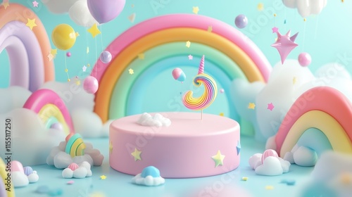 Whimsical rainbow unicorn celebration fantasy land digital art colorful environment playful view