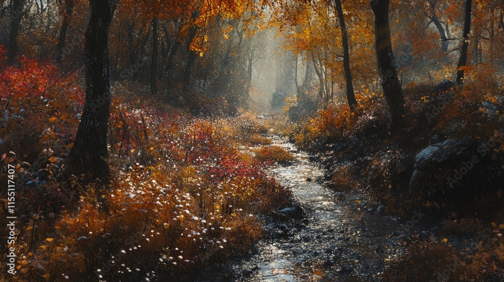 Autumn Stream Flows Through a Golden Forest Autumn Stream Flows Through a Golden Forest