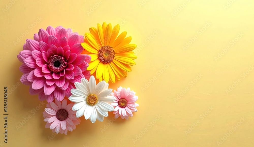 Banner, backdrop, greeting card. The beautiful fuchsia flowers on the light yellow background Banner, backdrop, greeting card. The beautiful fuchsia flowers on the light yellow background
