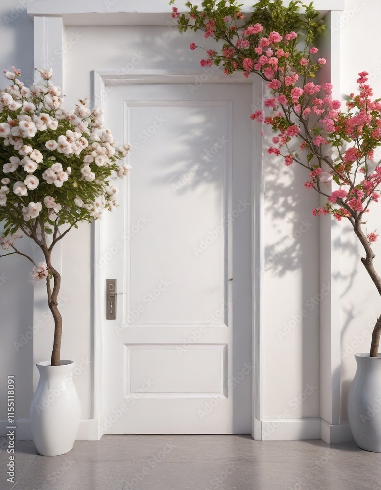 Fototapeta premium White door with a blooming tree and flower vases, garden, entrance, pathway