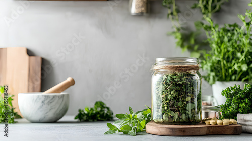 Glass Jar of Herbal Medicine with Dried Herbs and Fresh Greenery  
