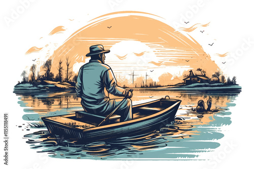 A boatman with suit and hat sailing a blue boat