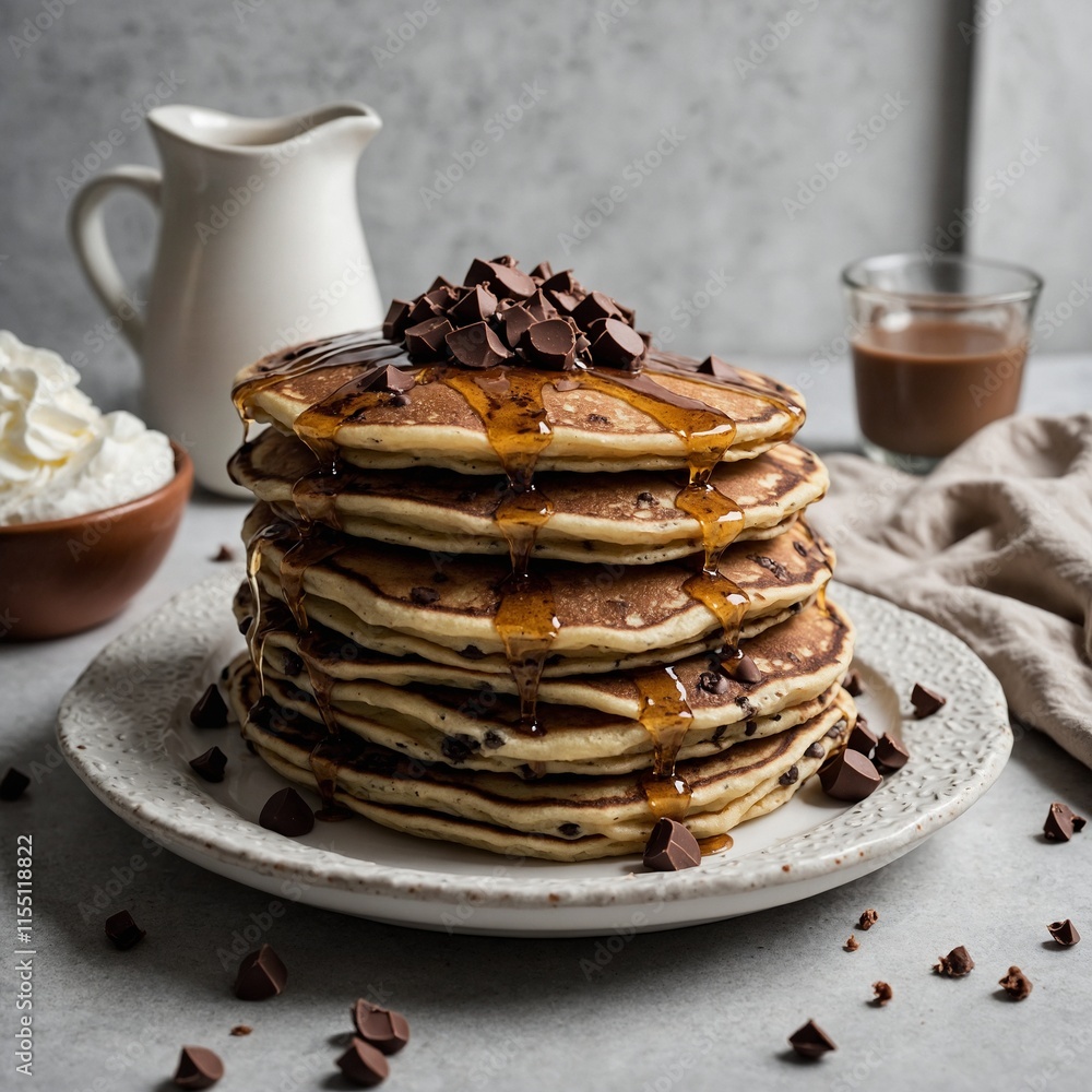 A stack of chocolate chip pancakes on a white dish. A stack of chocolate chip pancakes on a white dish.