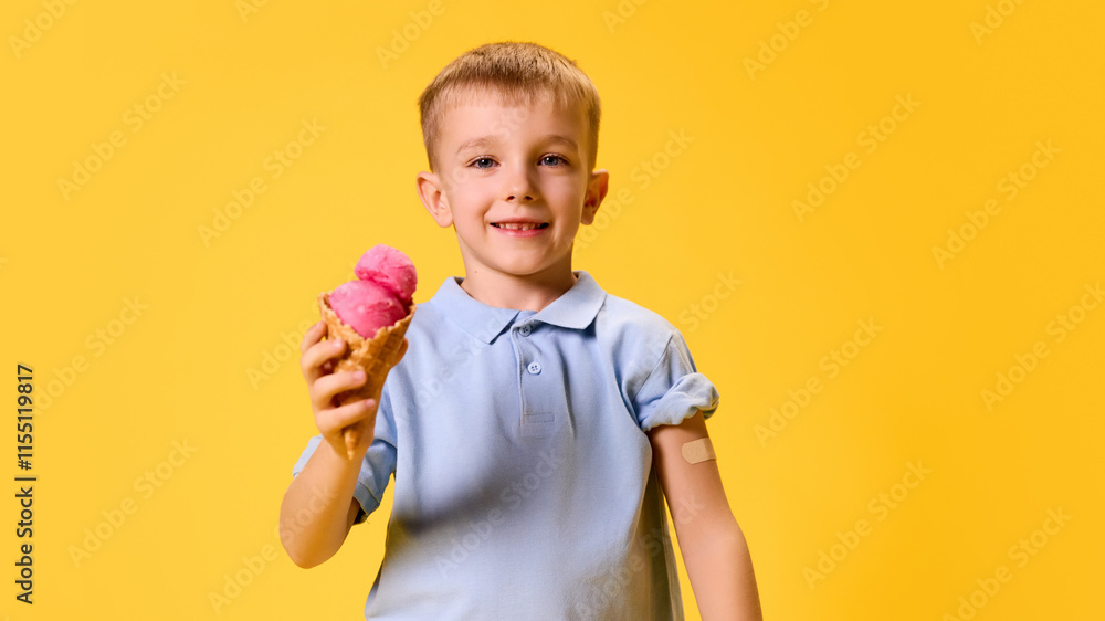 Boy proudly holding ice cream cone in hand, and smiling showing bandage on arm against yellow studio background. Concept of healthcare, protection, immunity, prevention. Boy proudly holding ice cream cone in hand, and smiling showing bandage on arm against yellow studio background. Concept of healthcare, protection, immunity, prevention.