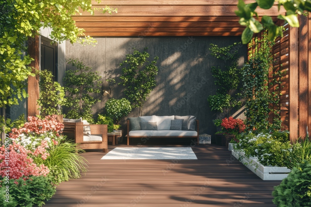 Modern wooden balcony with realistic architectural furniture
