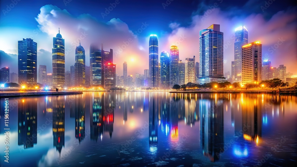 Mist-shrouded skyscrapers pierce a night sky. Mist-shrouded skyscrapers pierce a night sky.