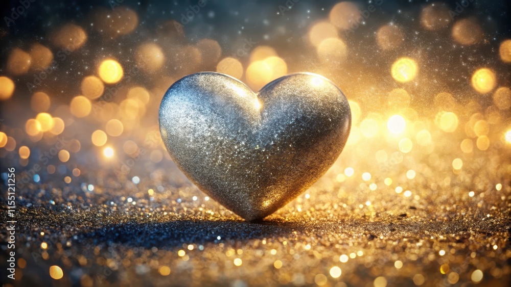 Fototapeta premium A shiny, metallic heart with a glossy finish, surrounded by a halo of sparkling glitter in a lower third composition