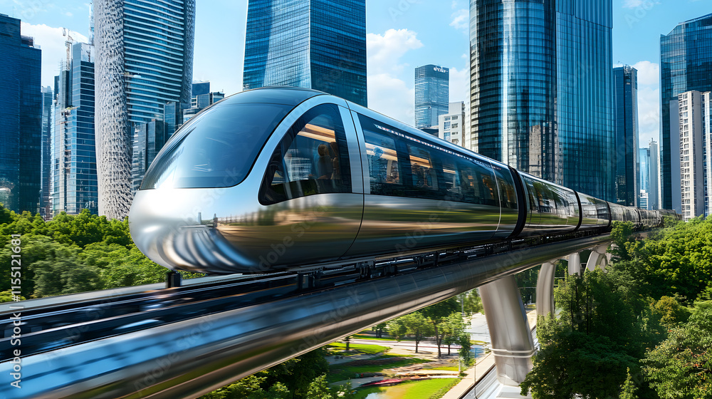Naklejka premium A high-tech urban monorail system gliding through a futuristic cityscape with shimmering skyscrapers 
